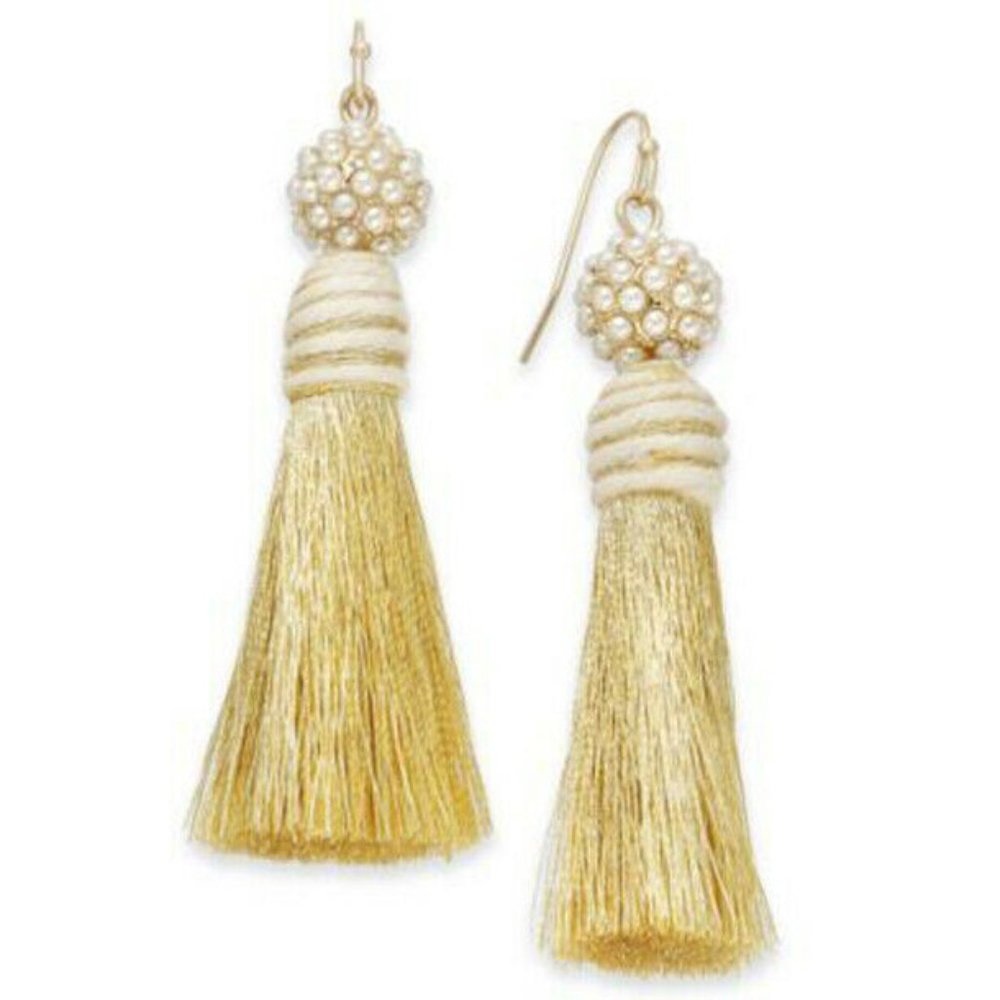 New Inc Gold-Tone Imitation Pearl & Tassel Drop - Picture 1 of 2
